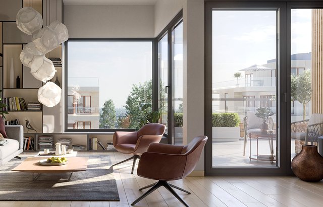 Living room with floor-to-ceiling glazing and a view of the terrace