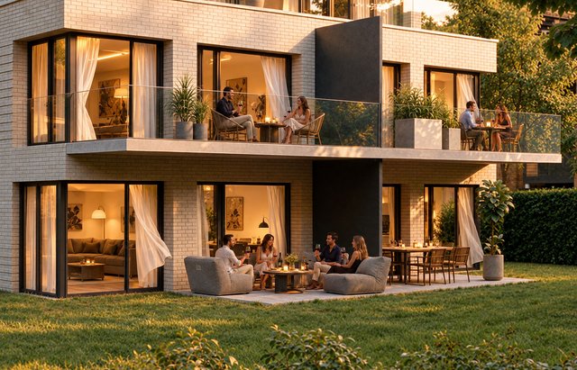 Illuminated terraces and balconies of a residential building in the evening