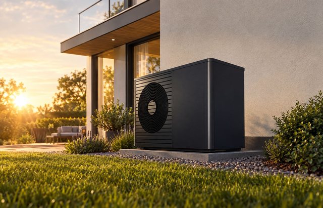 Air-source heat pump on the outside wall, with lawn and garden path in front