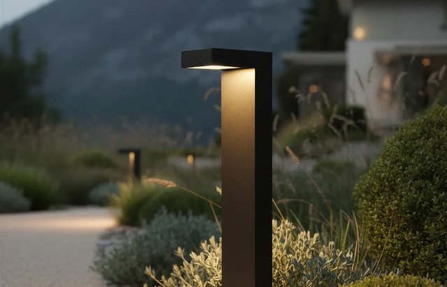 Illuminated bollard light on a garden path at dusk