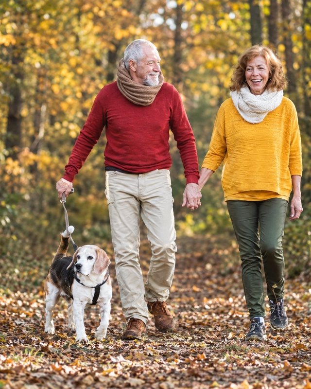 Couple with a dog out for a walk in the green