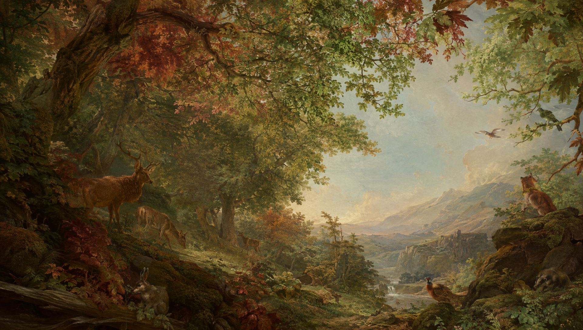 Wooded valley with deer, fox and pheasant in the evening light — mood image for the Gaia project