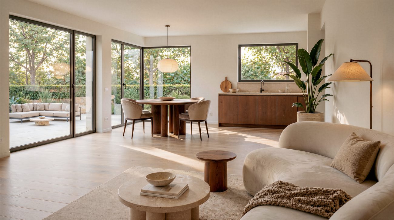 Visualisation of the living and dining area with floor-to-ceiling windows, open kitchen and garden view