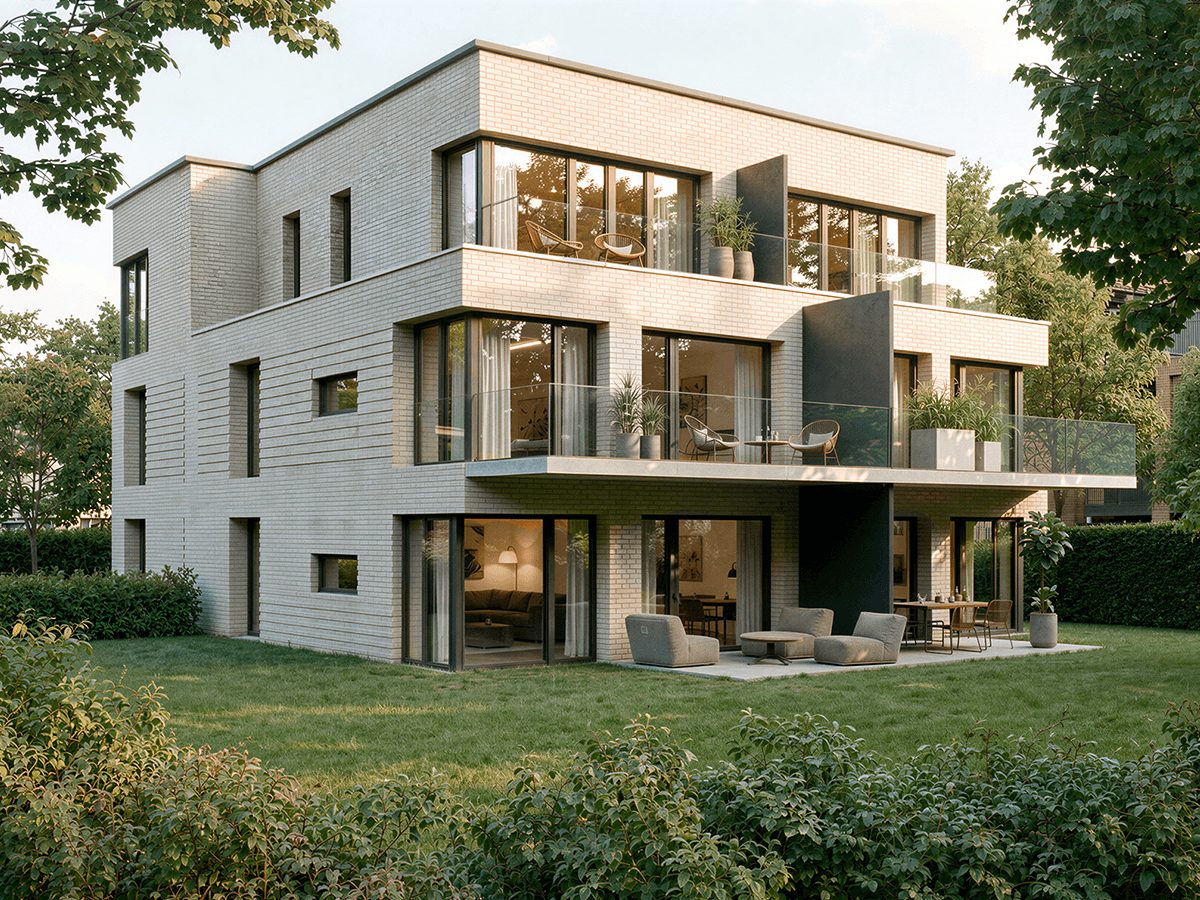 Gaia from the garden side: three-storey town house in light brick with balconies, roof terrace and lawn